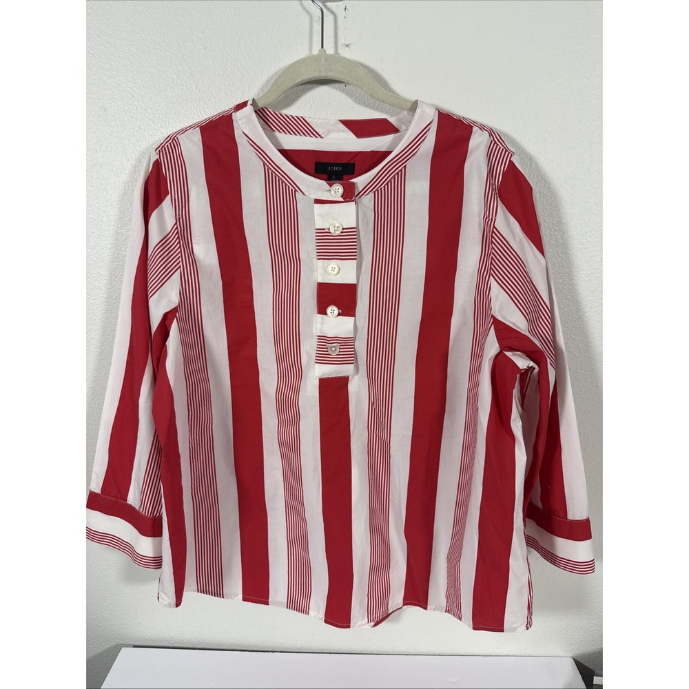 J. Crew Red White Striped 1/4‎ Button Neck Cotton Poplin 3/4 Sleeve Large E2